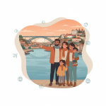 Global family of four standing on the shore of Porto river.