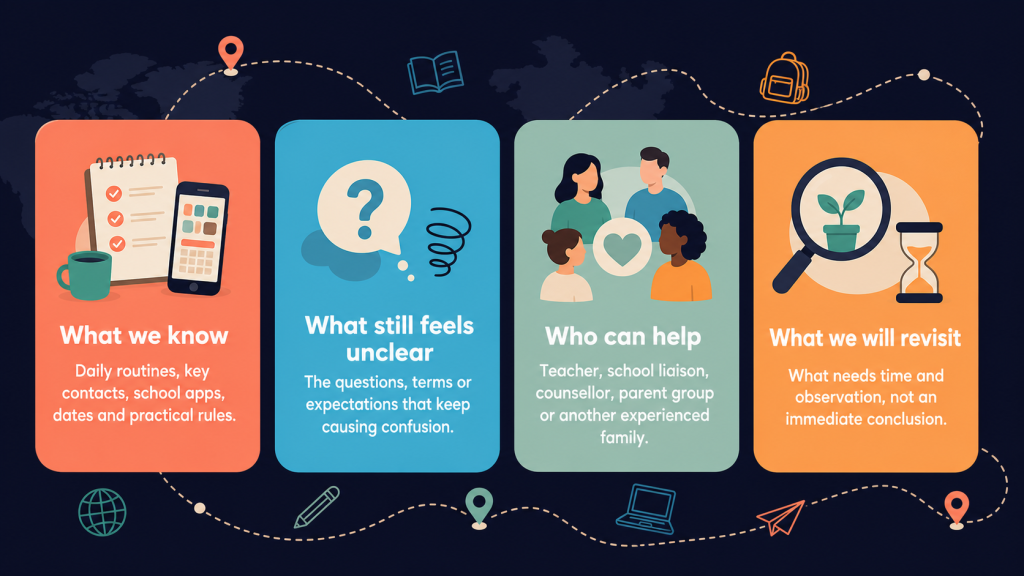A horizontal four-step infographic titled “Your School-Year Map” with four connected panels: “What we know,” “What still feels unclear,” “Who can help,” and “What we will revisit.” It helps global families organise questions and support needs during a new school year abroad.
